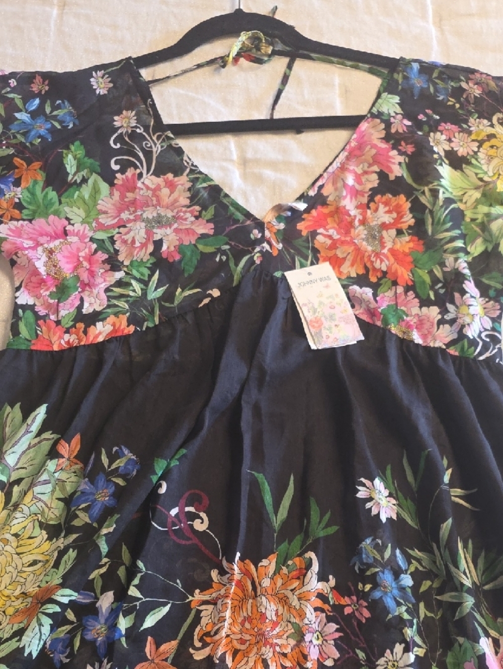 Johnny Was Metalli Note A-Line Black Swing Mini Dress with Multicolor Blooms XS - Picture 10 of 15